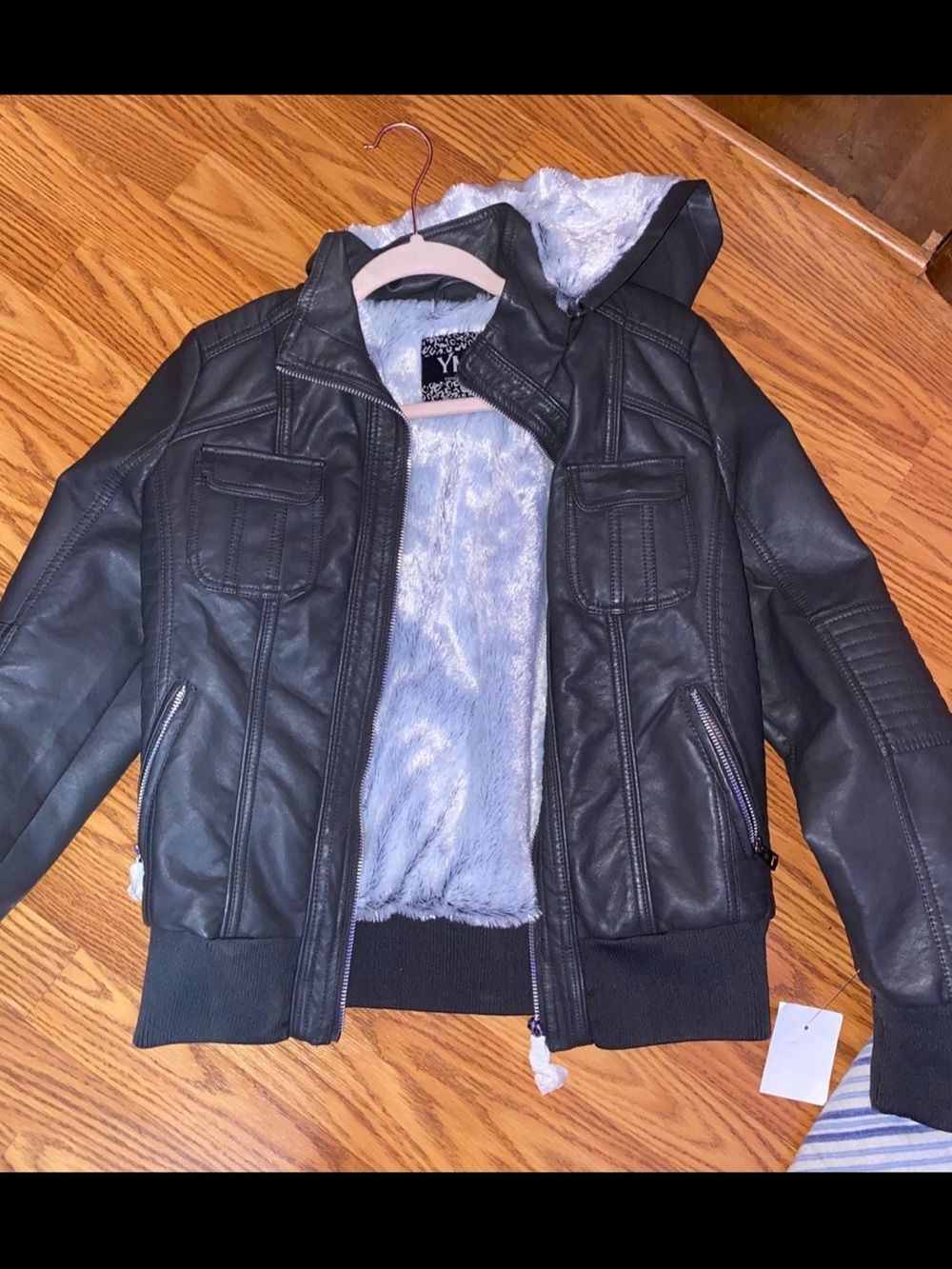 YMI Black Faux Leather Hooded Jacket with Gray Sherpa Lining